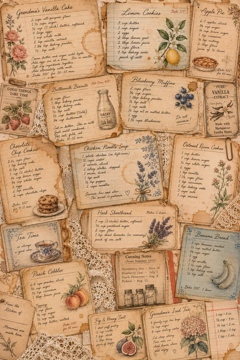 Handwritten vintage recipe cards with cakes, cookies, fruit, flowers, lace, and kitchen keepsakes